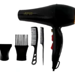 Secador de cabello iónico Lemman 5000W negro con detalle dorado, incluye boquilla concentradora, peine, cepillo y peinilla, dispuestos de lado.