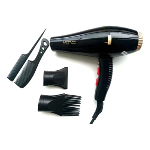 Secador de cabello profesional Lemman negro de 6000W con acabado brillante, incluye dos boquillas concentradoras y dos peines de peluquería sobre fondo blanco.