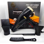 Secador de cabello Lemman 6000W negro con detalles dorados, incluye dos boquillas, dos peines y su caja original con especificaciones técnicas visibles.