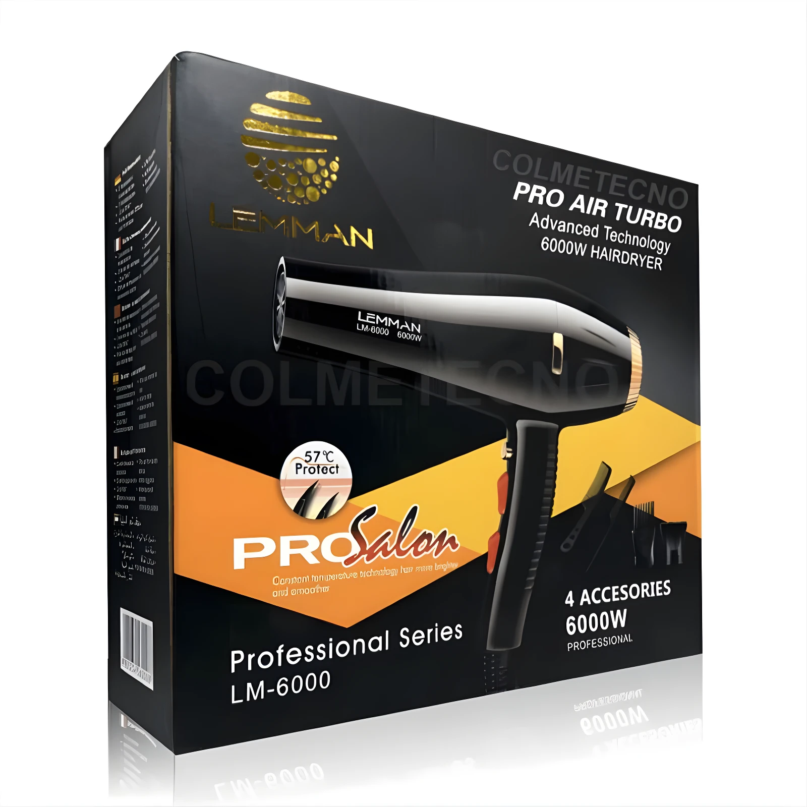 Secador de cabello profesional Lemman LM-6000 negro con detalles dorados, caja con 6000W de potencia, protección térmica y 4 accesorios incluidos.