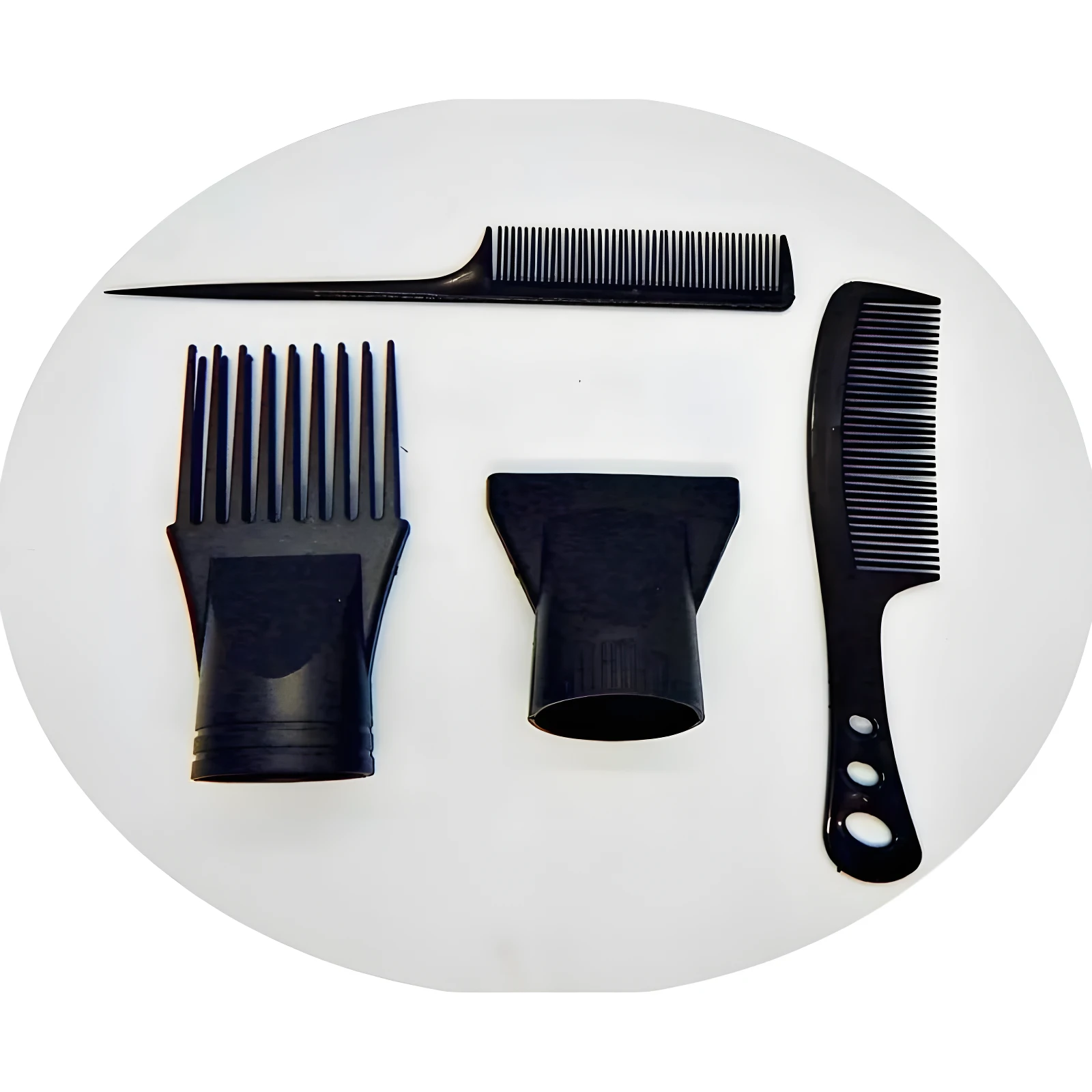Kit de accesorios negros para secador de cabello: incluye una boquilla peine, una boquilla concentradora de aire, un peine de cola y uno de mano.