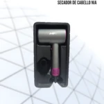 Secador de cabello Nia AN-6749 gris con detalles fucsia, presentado en bandeja de empaque negra junto a su boquilla concentradora de aire.
