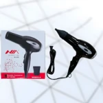 Secador de cabello profesional Nia AN-849 color negro brillante junto a su caja, incluye boquilla concentradora de aire y cable de alimentación conectado.