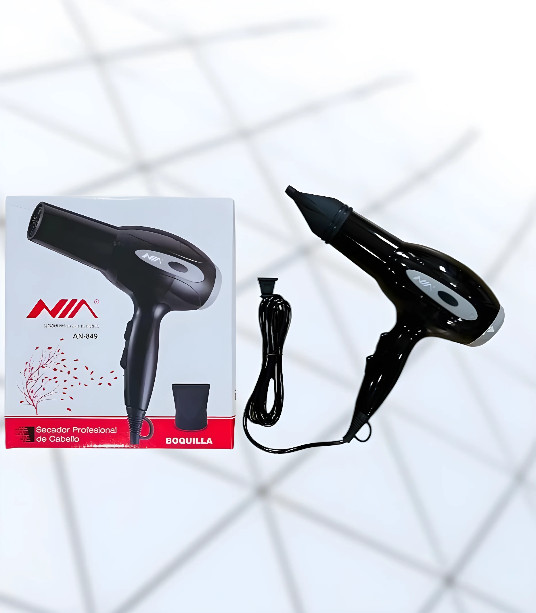 Secador de cabello profesional Nia AN-849 color negro brillante junto a su caja, incluye boquilla concentradora de aire y cable de alimentación conectado.