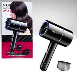 Secador de cabello SOKANY negro iónico potente con diseño moderno y accesorio, ideal para peinar cabello liso y brillante.