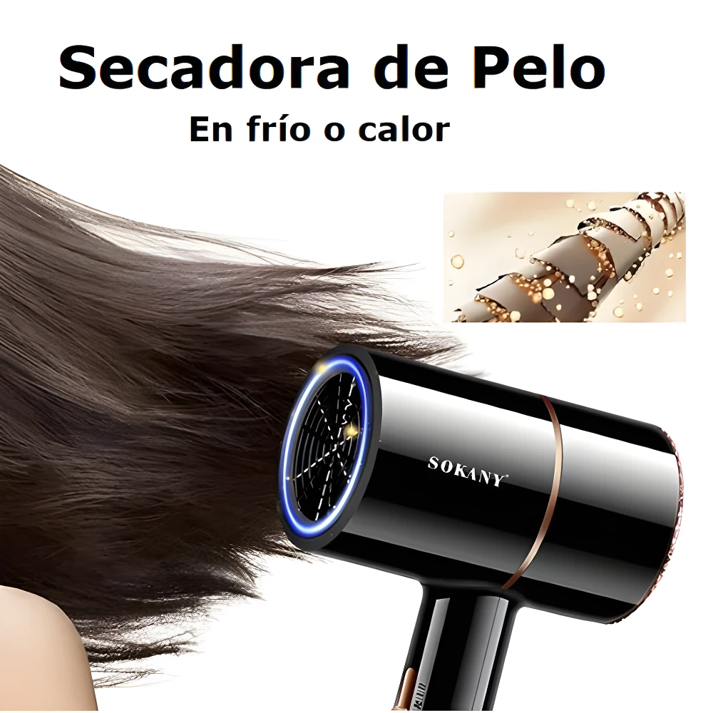 Secador de pelo SOKANY negro, con detalle cobre, para cabello liso y brillante. En frío o calor.