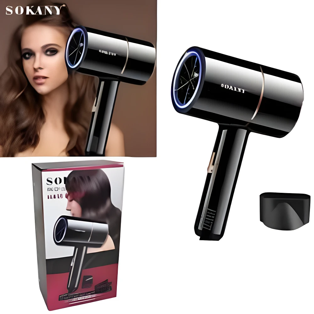 Secador de cabello SOKANY negro iónico, set x2, en empaque y con modelo de demostración.