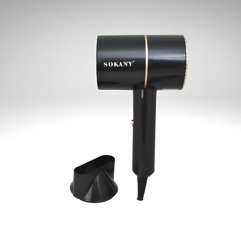 Secador de cabello SOKANY negro, potente y iónico, con accesorio difusor negro.