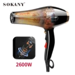 Secador de cabello profesional Sokany negro de 2600W, con diseño traslúcido que muestra el motor interno y los componentes técnicos del dispositivo.