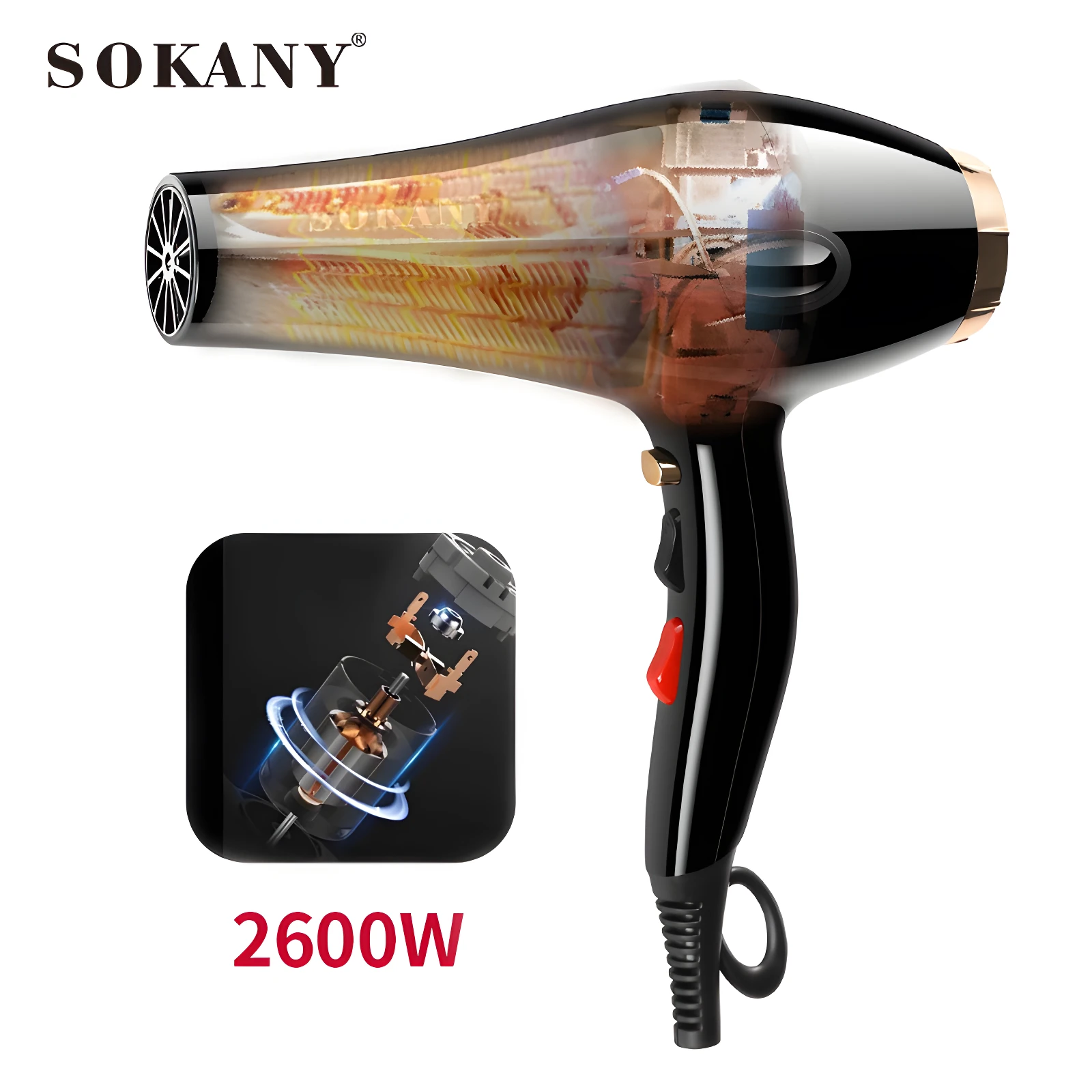Secador de cabello profesional Sokany negro de 2600W, con diseño traslúcido que muestra el motor interno y los componentes técnicos del dispositivo.