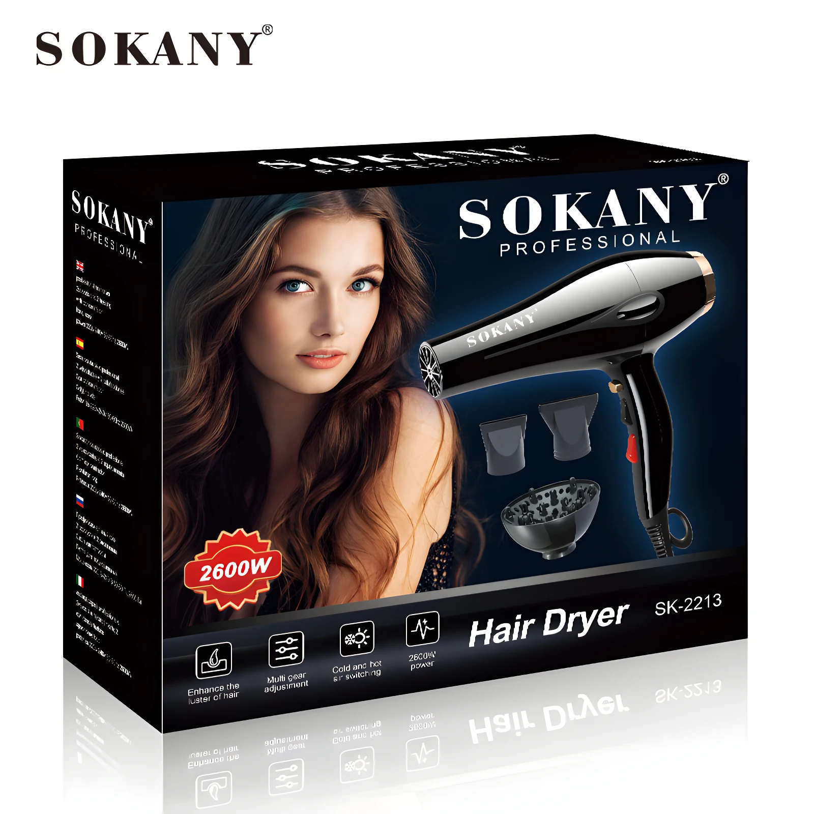 Secador de cabello profesional Sokany 2600W negro con difusor y dos boquillas, exhibido en caja con modelo, incluye ajuste de temperatura y potencia.
