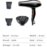 Secador de cabello Sokany negro de 2600W con dos boquillas concentradoras y un difusor, dimensiones de 24 por 26 centímetros y lista de especificaciones.