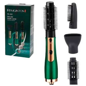 Secador de cabello 3 en 1 color verde y cobre con su caja, un mango principal, un cepillo redondo, una boquilla concentradora y un accesorio tipo peine.