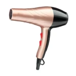Secador de cabello Re-2005 color oro rosa con cuerpo ergonómico, detalles negros, dos interruptores rojos laterales y cable con gancho para colgar.