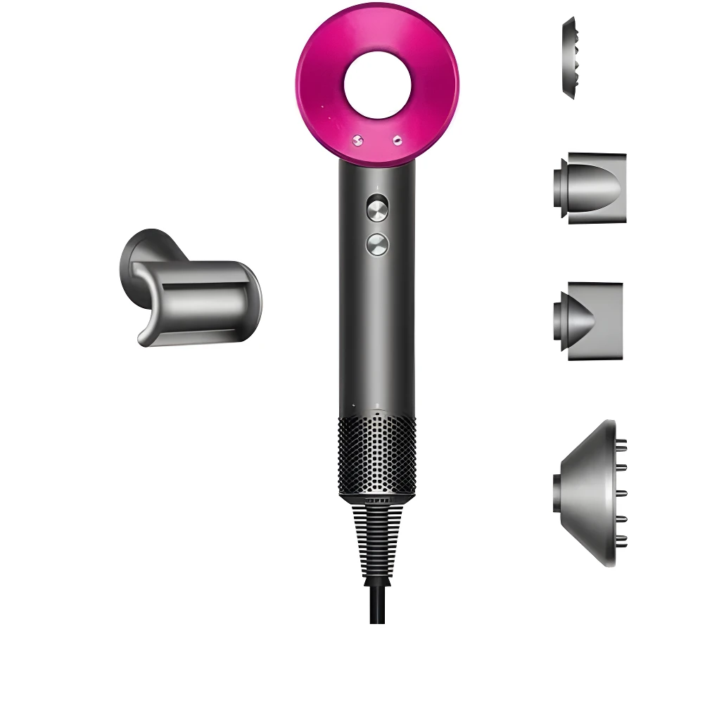 Secador de cabello Dyson Supersonic color gris con cabezal fucsia, incluye cuatro accesorios magnéticos para peinado dispuestos a los lados.