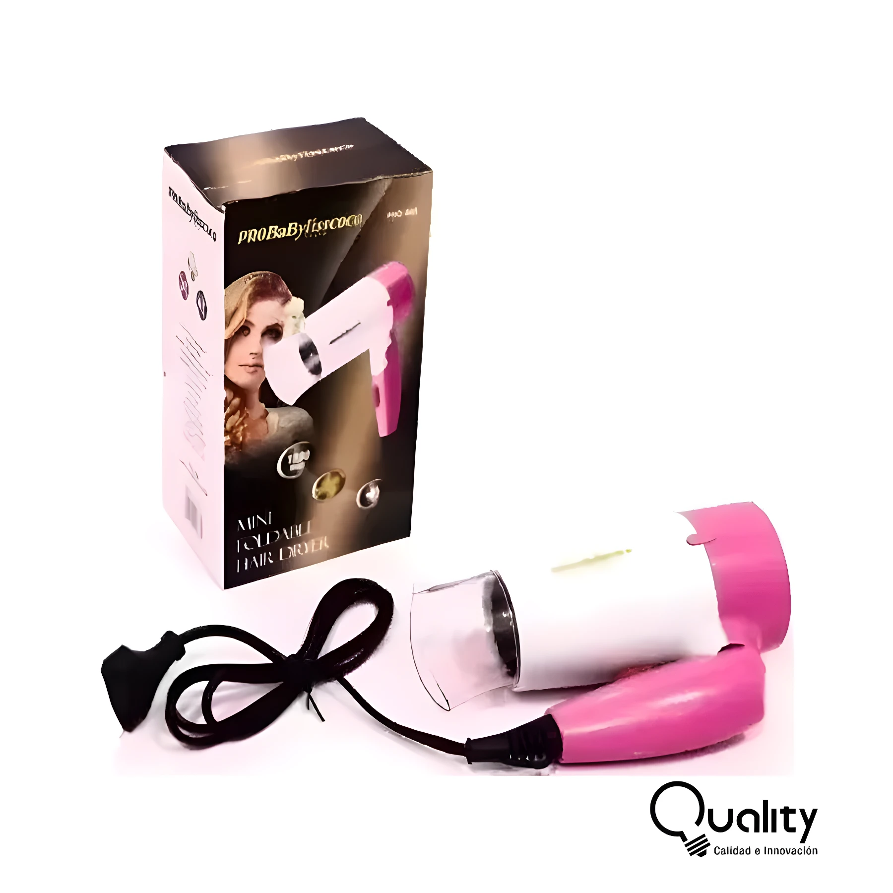 Secador de cabello viajero plegable color blanco con detalles rosa, junto a su caja de empaque con modelo ilustrada y cable de alimentación negro.