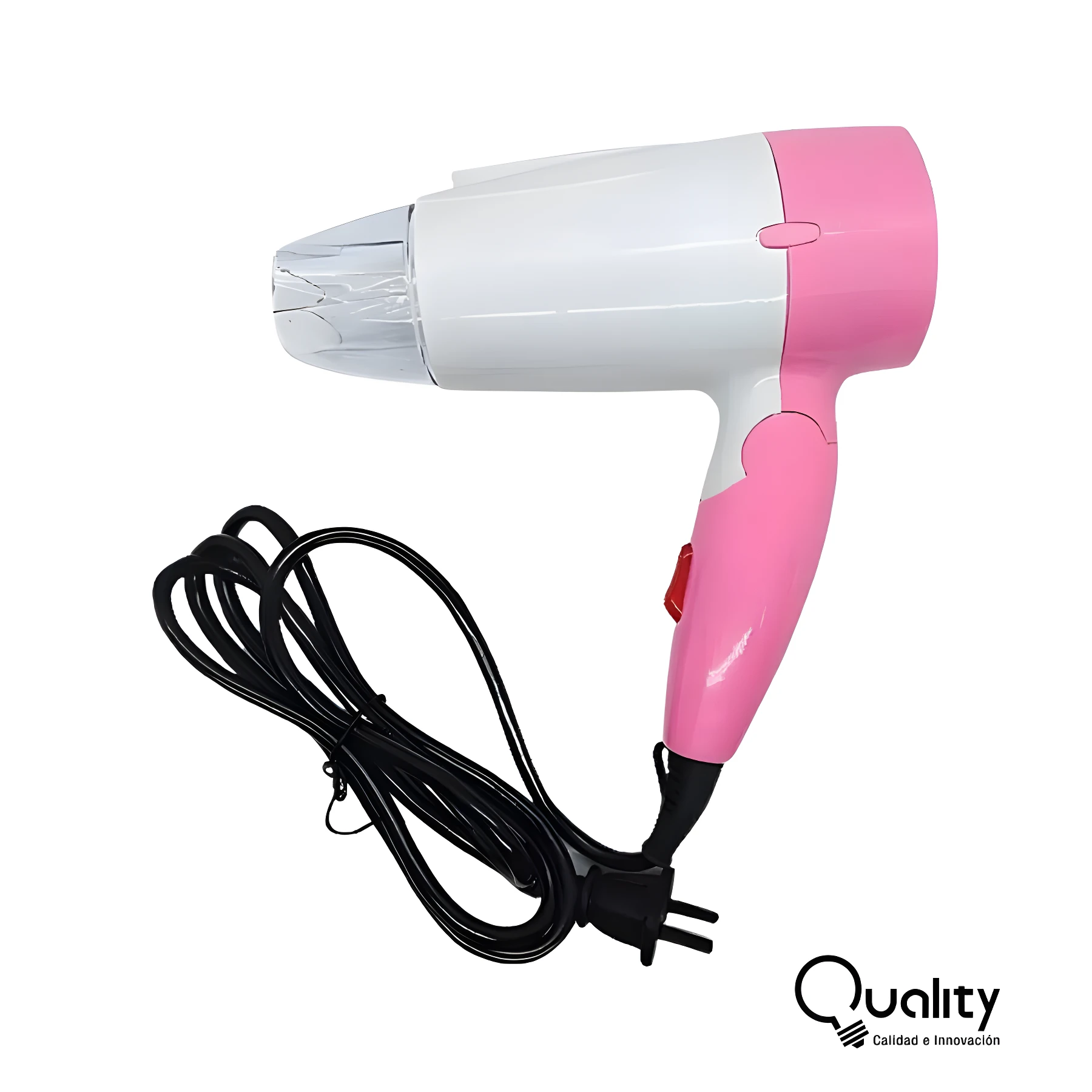 Secador viajero plegable blanco con detalles en rosa, boquilla concentradora transparente y cable de alimentación negro, ideal para reducir el frizz.