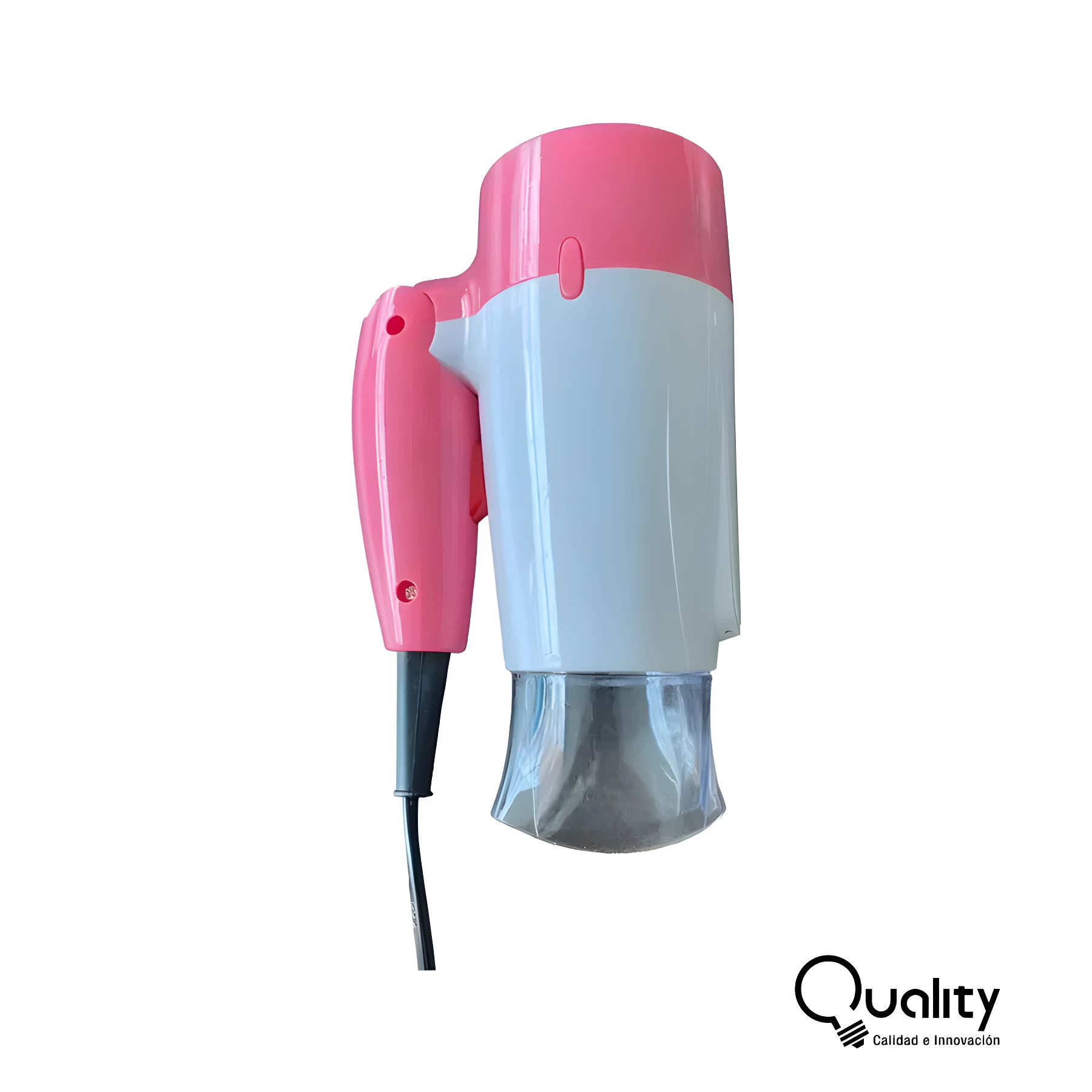 Secador de cabello viajero plegable color blanco con detalles en rosa, boquilla concentradora de aire y cable negro, ideal para reducir el frizz.