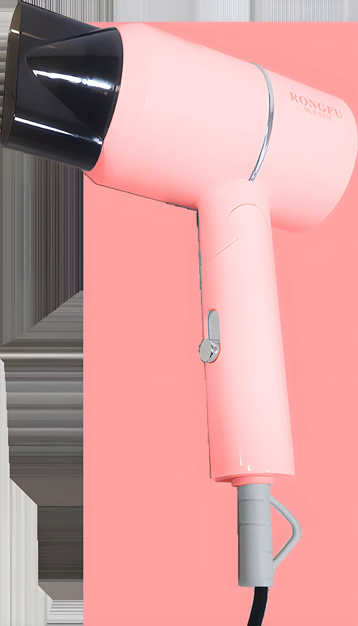 Secadora portátil rosa marca Rongfu, modelo MLS-3318, con boquilla negra y control plateado.