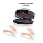 Sello para cejas en polvo marrón con espejo, y aplicadores en esponja.