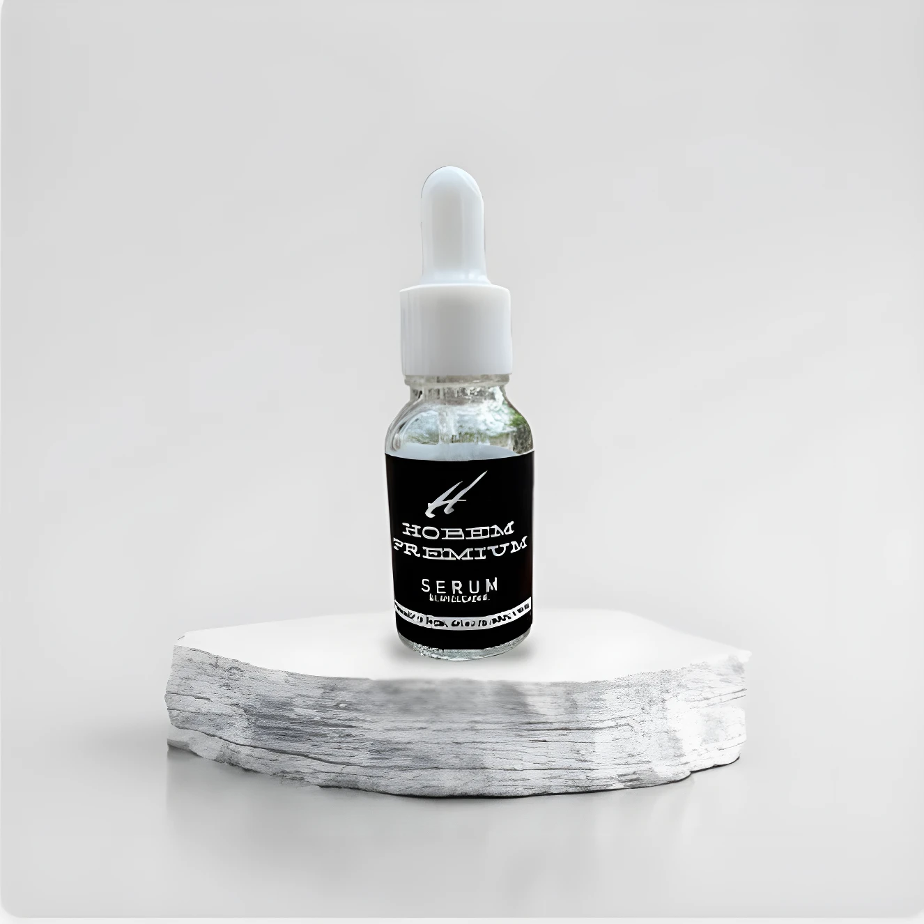 Serum aclarador corporal Hobem Premium en frasco de vidrio con gotero blanco, sobre pedestal de piedra blanca texturizada.