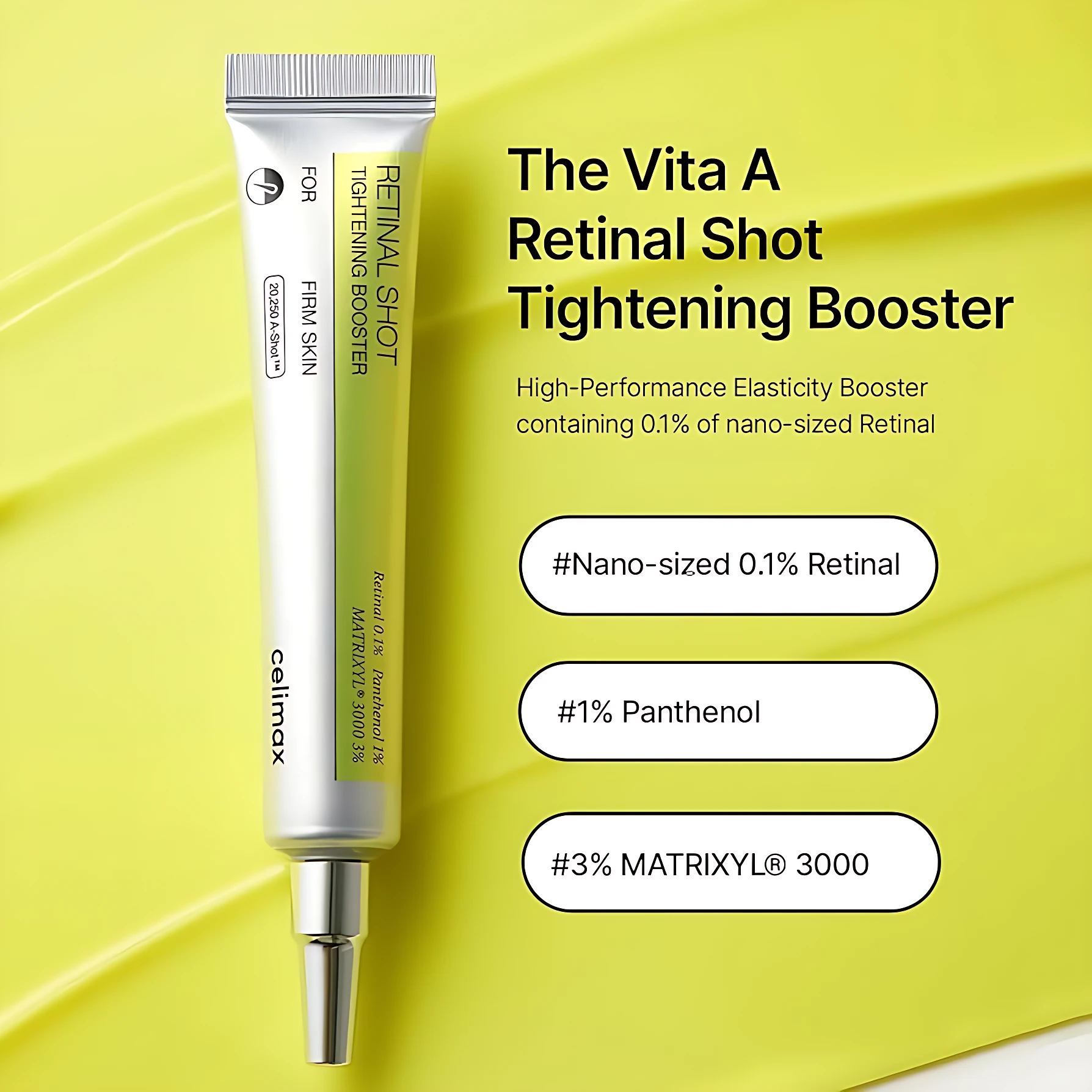 Sérum Retinal Shot celimax para piel firme, con retinal nanoencapsulado, pantenol y matrixyl.