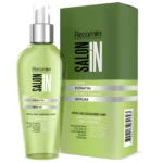 Serum capilar Recamier verde en envase transparente con dosificador, junto a caja de cartón del mismo tono, para cabello débil y dañado.