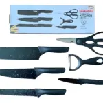 Set de cuchillos negros para cocina con tijeras y pelador. Cuchillas texturizadas.