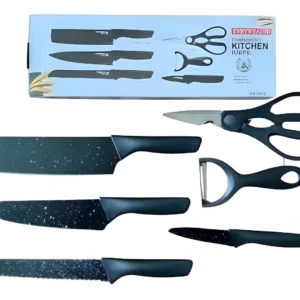 Set de cuchillos negros para cocina con tijeras y pelador. Cuchillas texturizadas.