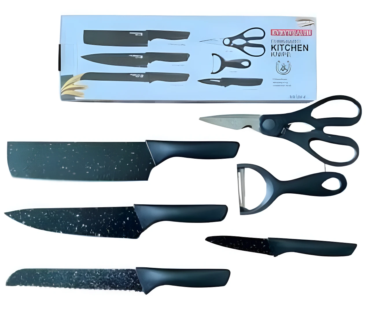 Set de cuchillos negros para cocina con tijeras y pelador. Cuchillas texturizadas.