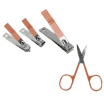 Set manicure acero inoxidable 3 cortaúñas cobre y tijeras naranja.