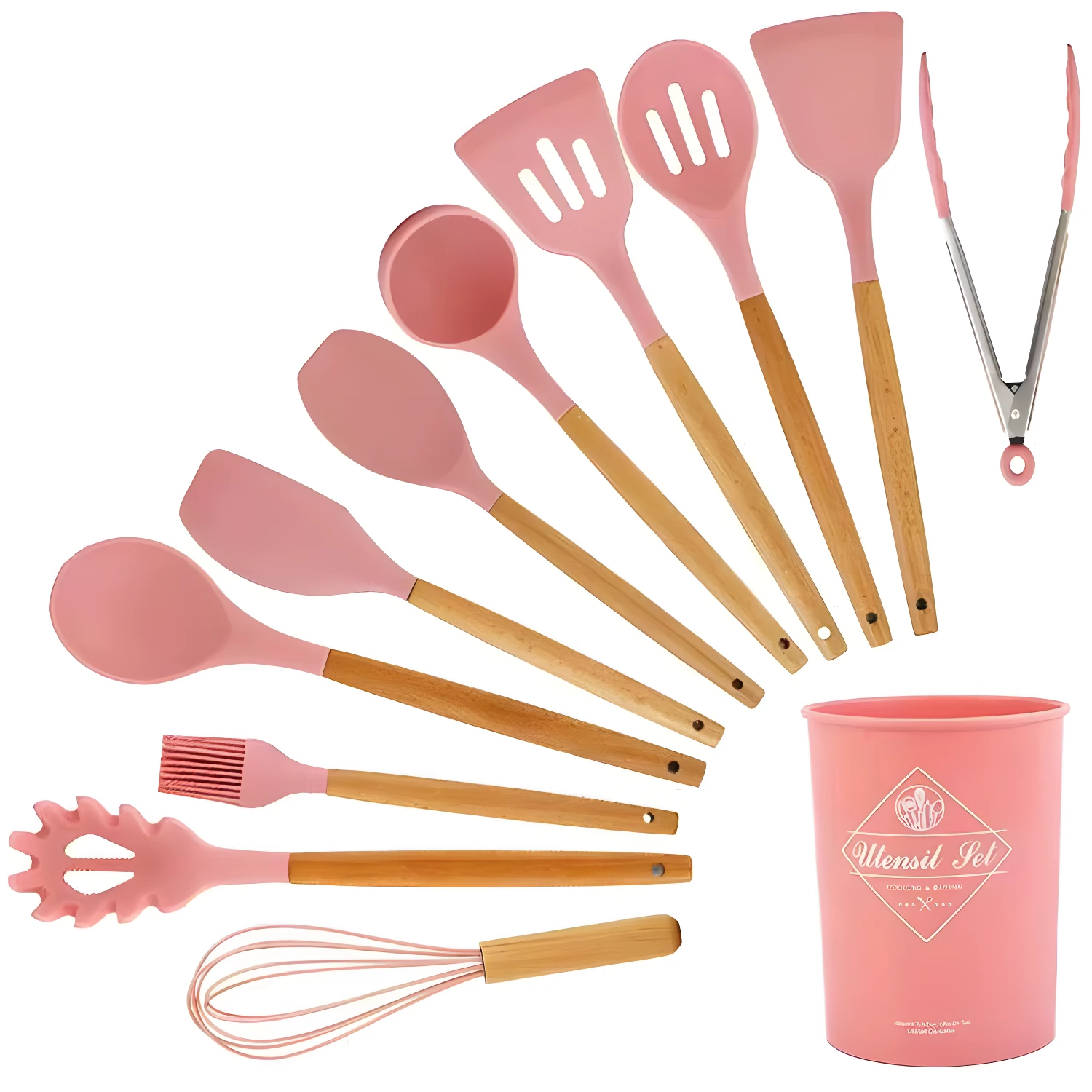 Set 12 utensilios cocina silicona rosa con mangos madera, antiadherentes, incluye espátulas, cucharones, batidor, pinzas y recipiente.