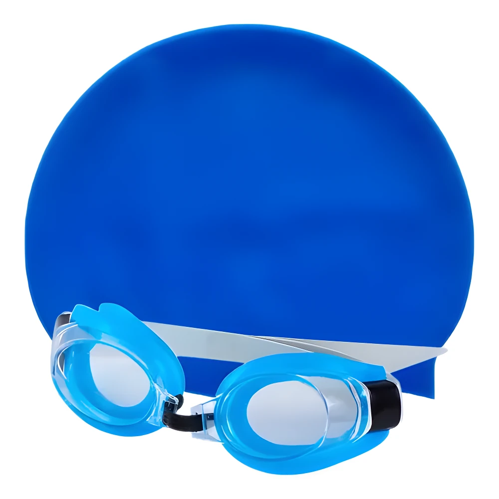 Gorro de natación azul y gafas de natación transparentes y azules, accesorio para nadar.