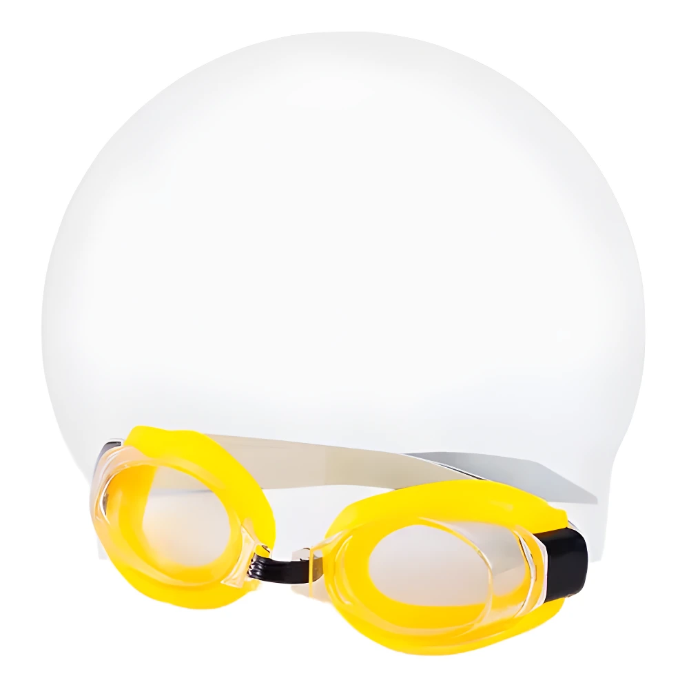 Gorro de natación blanco y gafas de natación amarillas, kit para nadar.