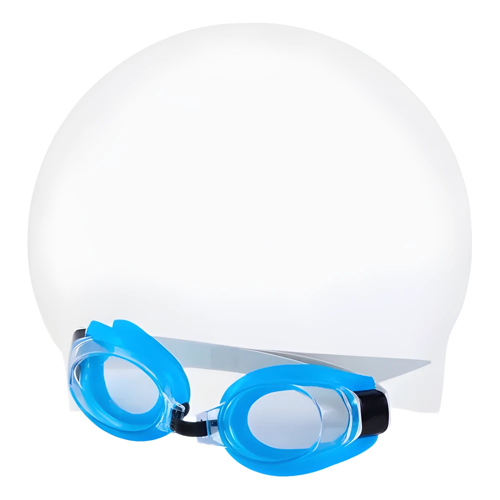 Gorro de natación blanco y gafas azules para protección ocular y capilar en entrenamiento.
