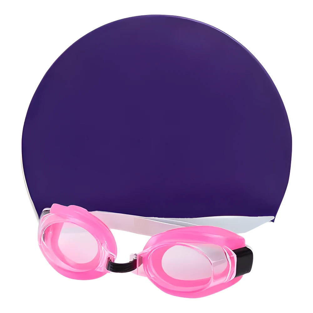 Gorro de natación morado y gafas rosas para adultos con banda blanca.