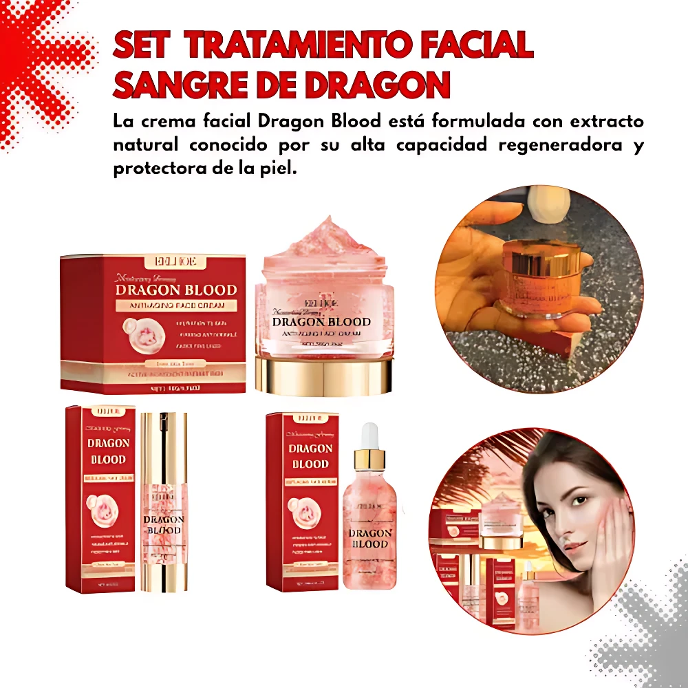 Set tratamiento facial Sangre de Dragón: crema y suero en envase rojo y dorado. Para revitalizar piel.