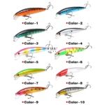 Set x3 señuelos de pesca flotantes, colores variados: naranja, azul, verde, plateado, rosa, amarillo, verde limón, rojo, y atigrado.