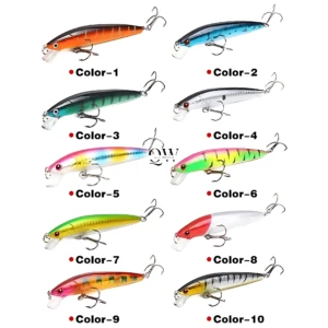 Set x3 señuelos de pesca artificiales duros flotantes en variados colores: naranja, azul, verde, plateado, arcoíris, rojo y blanco.