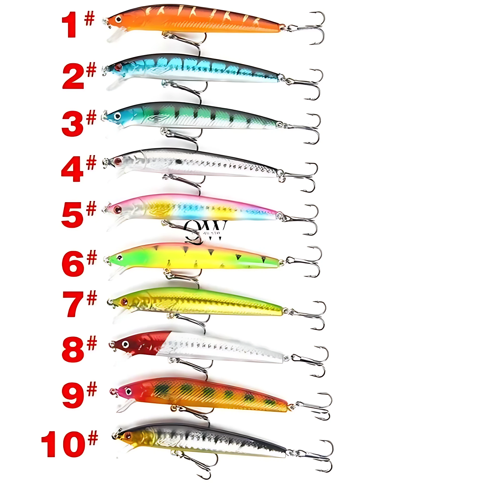 Set x3 señuelos de pesca flotantes, 10 modelos variados en color y diseño, con anzuelos triples.