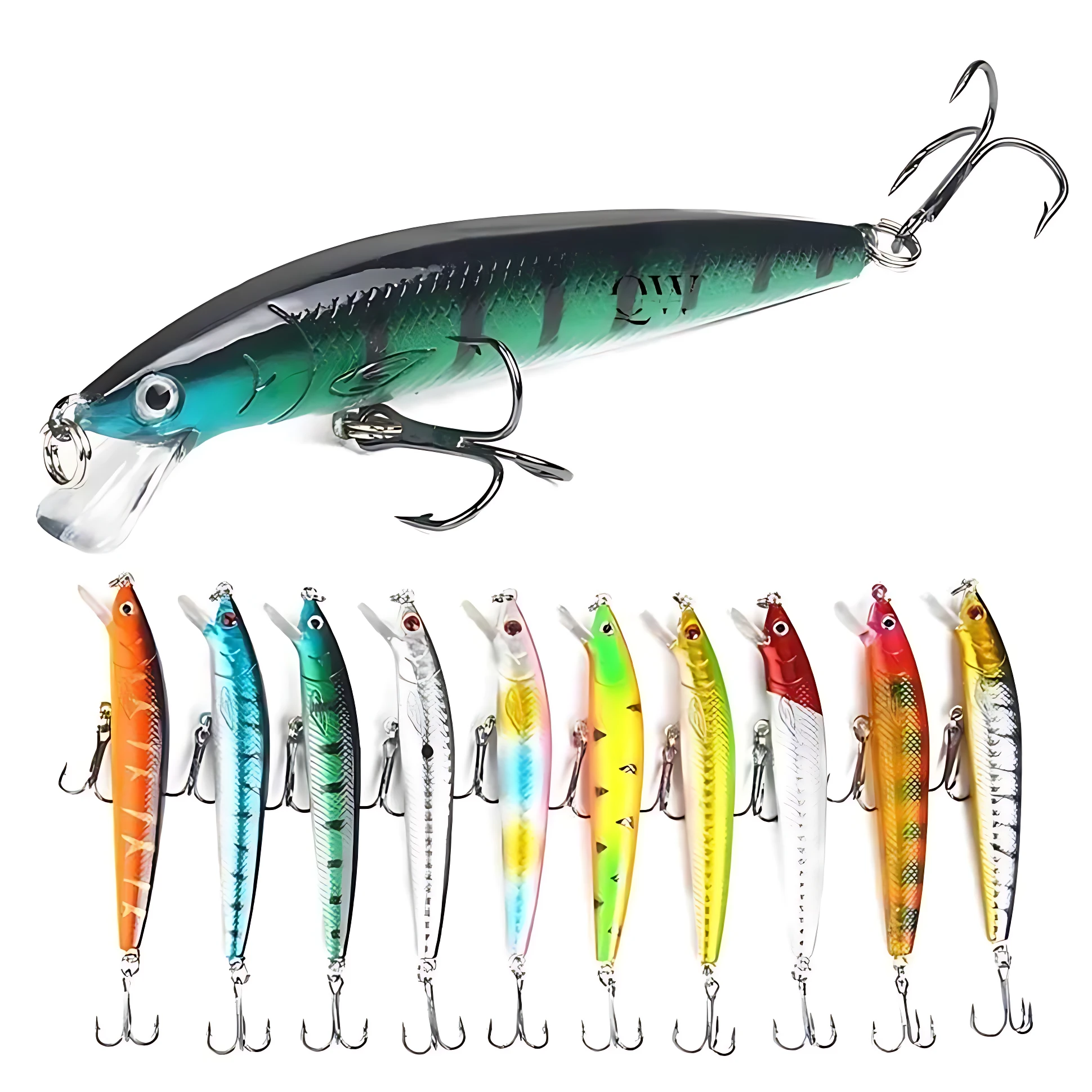 Set x3 señuelos de pesca flotantes, colores variados, con anzuelos triples, ideales para agua dulce y salada.