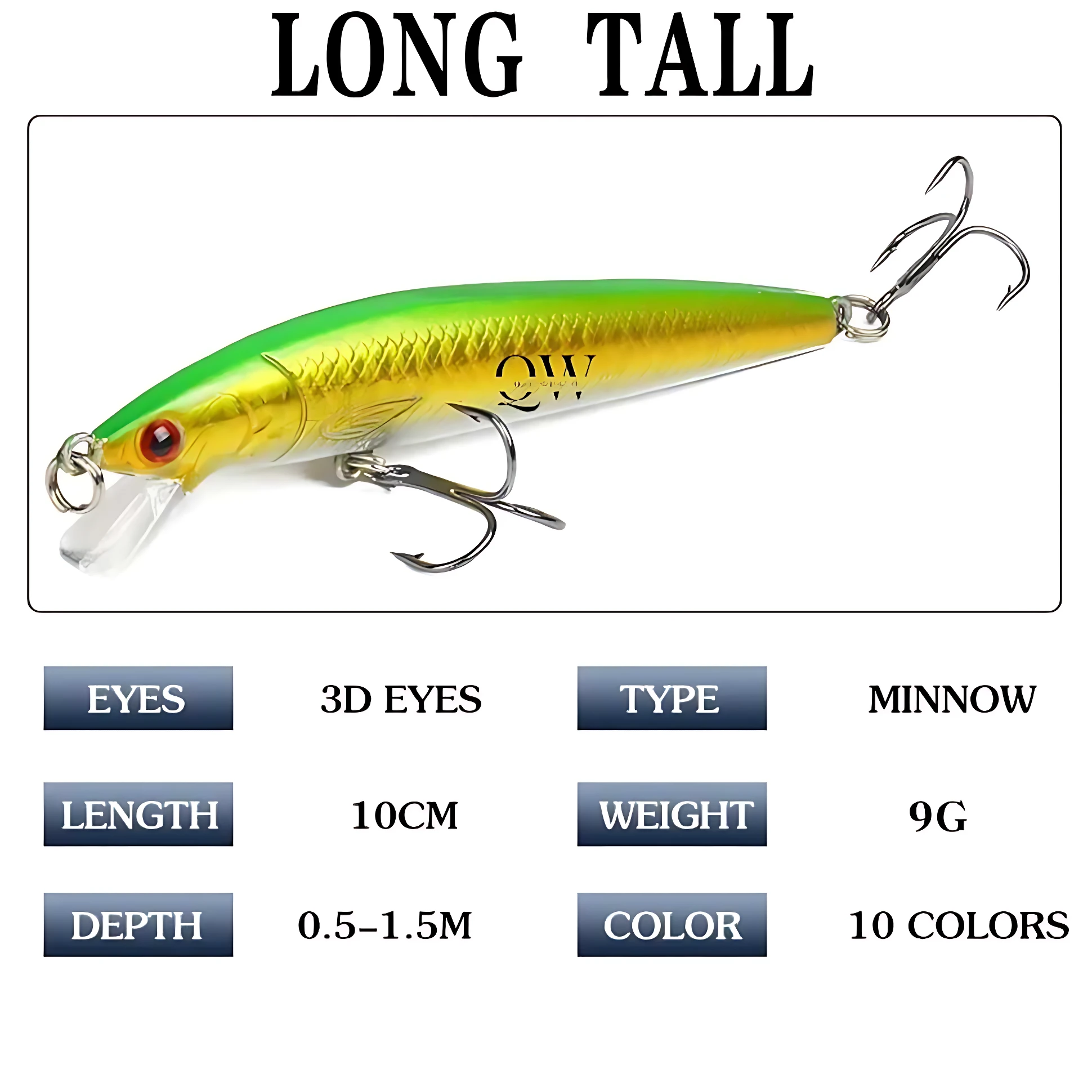 Señuelo de pesca flotante tipo minnow de 10cm y 9g, color verde y dorado, con ojos 3D y 3 anzuelos.