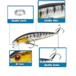Señuelo de pesca duro flotante con diseño realista de escamas, ojos 3D, anzuelos triples y argollas dobles.