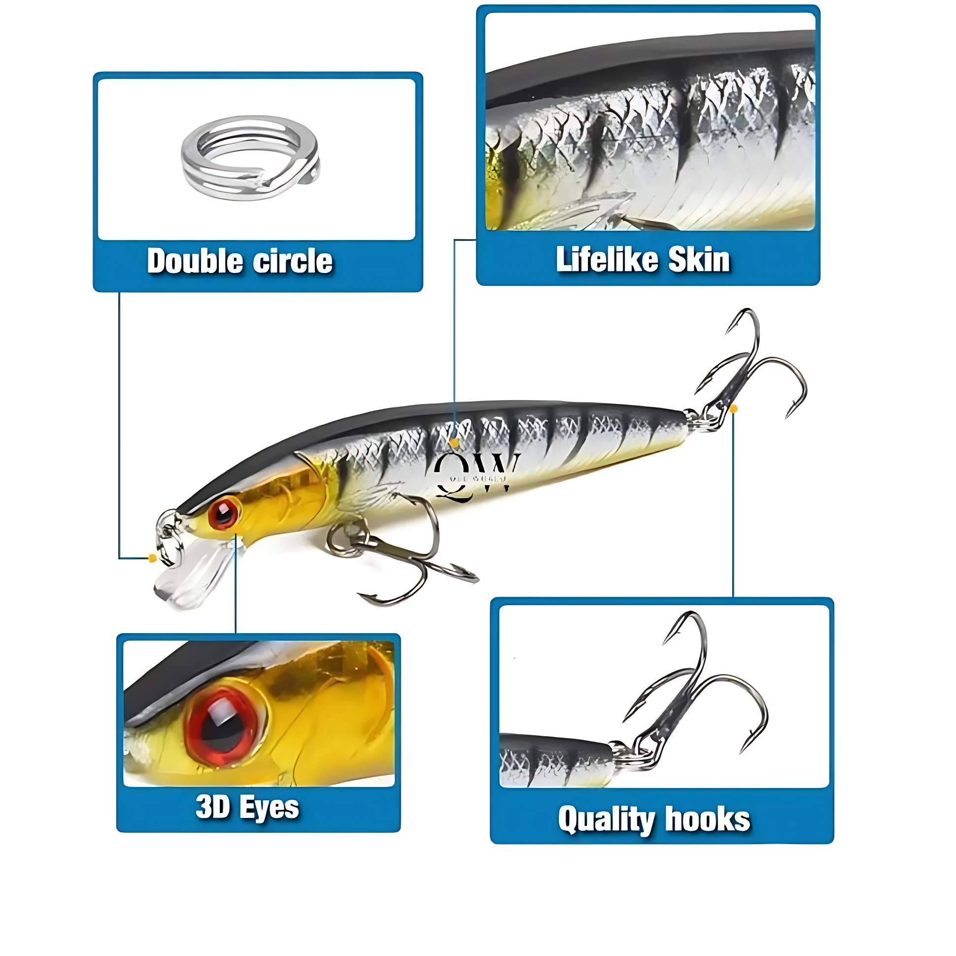 Señuelo de pesca duro flotante con diseño realista de escamas, ojos 3D, anzuelos triples y argollas dobles.