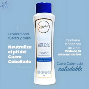 Shampoo anticaspa Anyeluz 400ml blanco con tapa azul, contiene piritonato de zinc y extractos naturales.