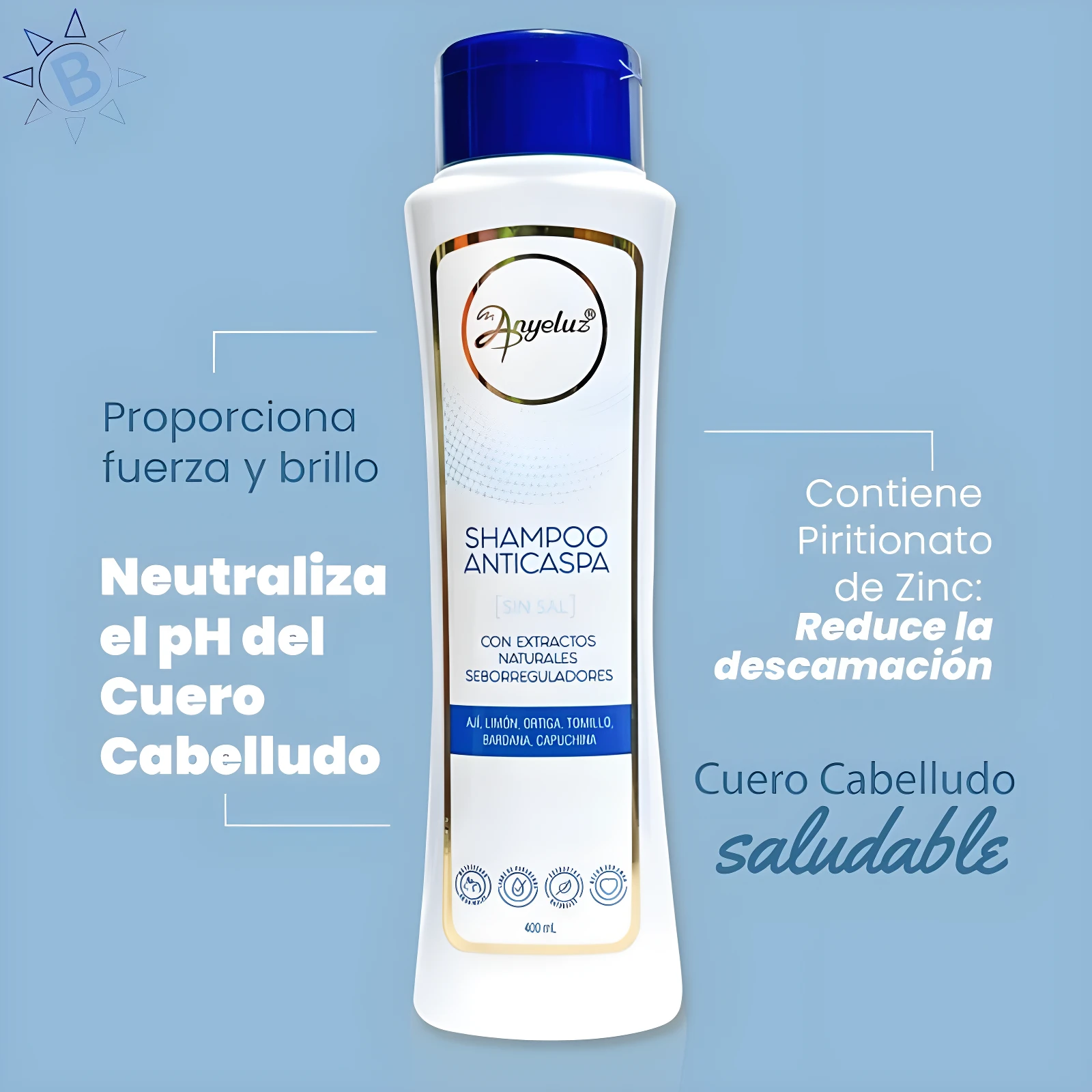 Shampoo anticaspa Anyeluz 400ml blanco con tapa azul, contiene piritonato de zinc y extractos naturales.