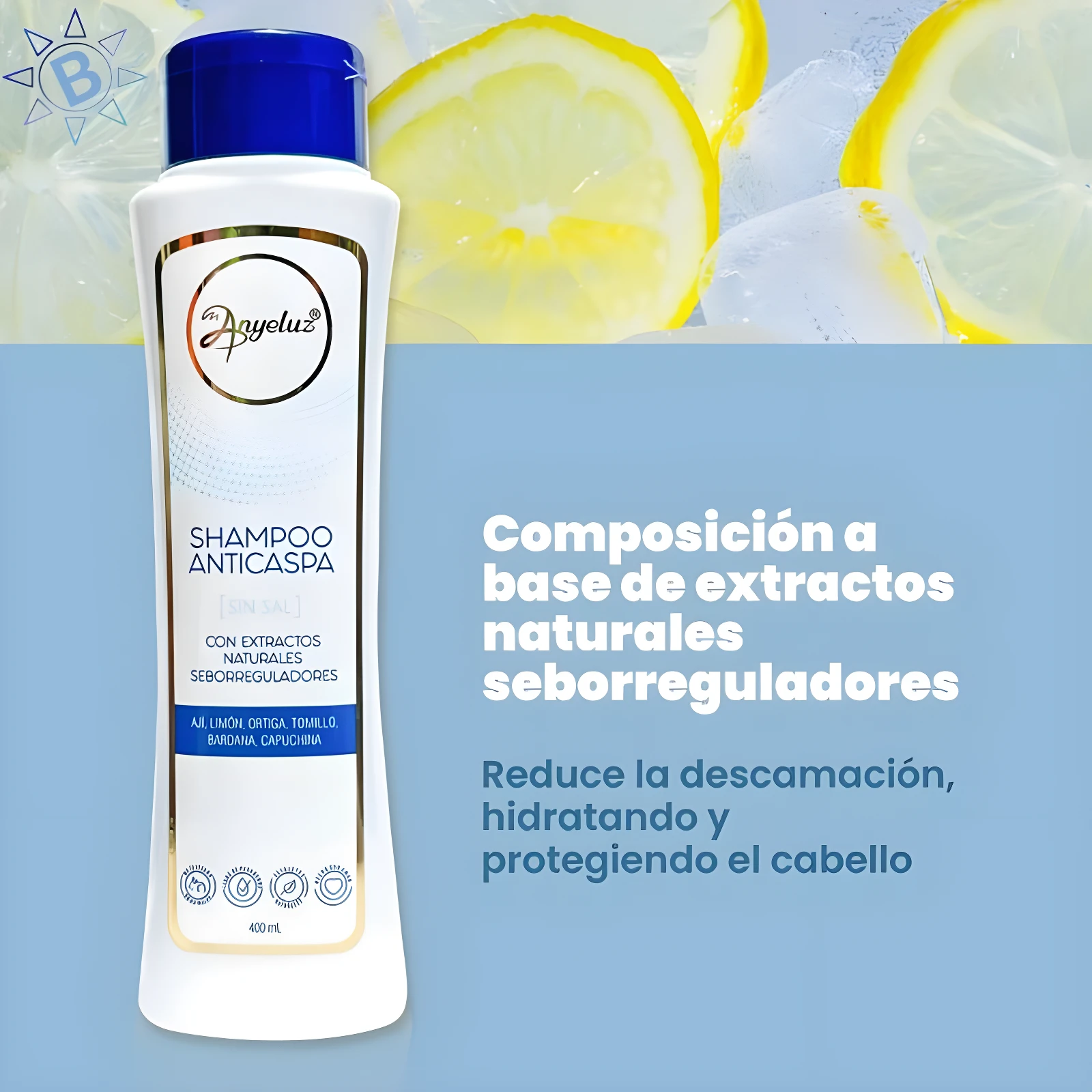 Shampoo anticaspa Anyeluz 400ml base extractos naturales sin sal, con ají y limón, calma y protege.