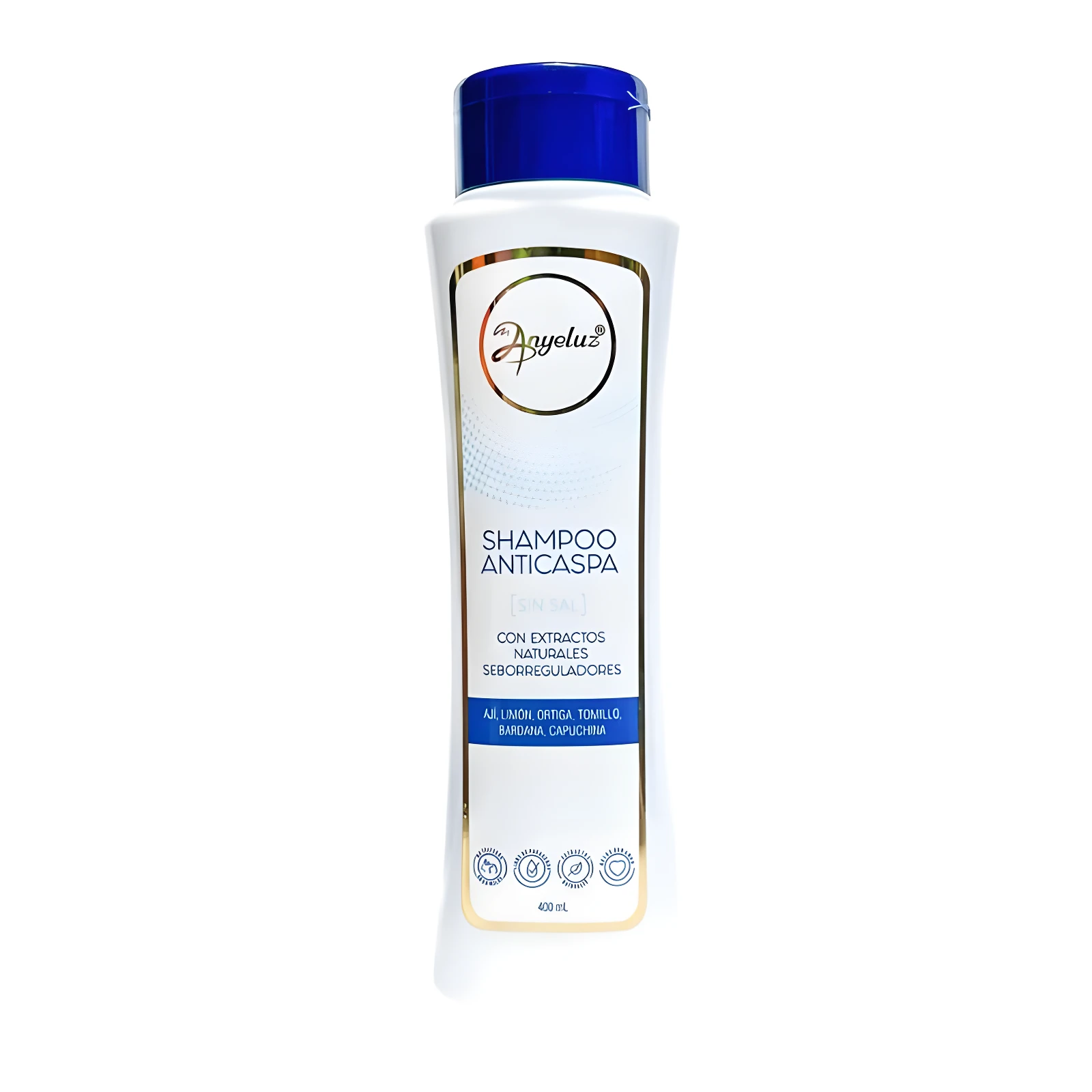 Shampoo anticaspa Anyeluz 400ml, blanco con tapa azul, formulado con extractos naturales, ideal para controlar la caspa y la seborrea.