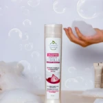 Botella de shampoo Evolution Natural con extracto de cebolla y keratina hidrolizada, sin parabenos ni sal.