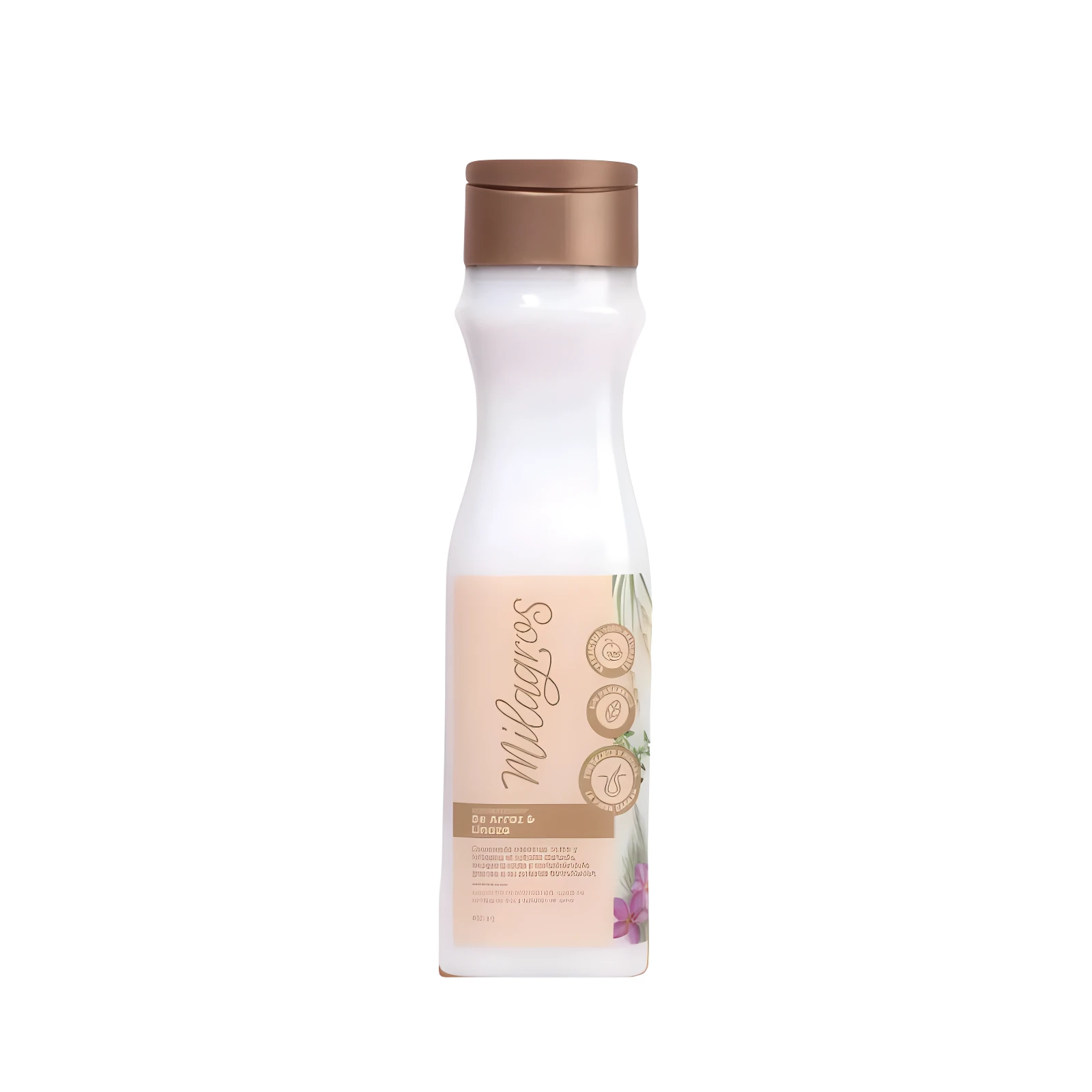 Botella de shampoo Milagros blanco con tapa marrón, etiqueta con texto y gráficos de botánicos.